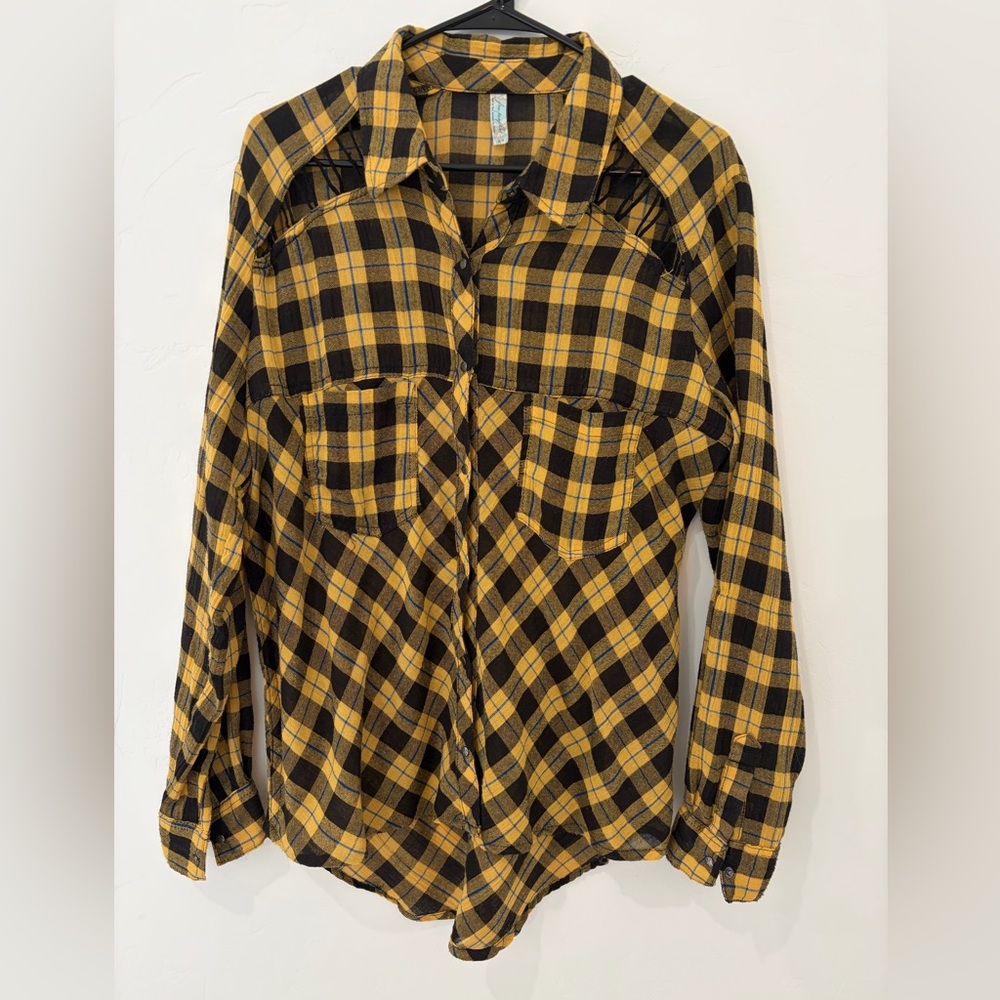 Free People Yellow Plaid Cutout Shoulder Button Down Top Size M